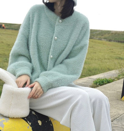 Arabella | Women's Cropped Fuzzy Cardigan with Pearl Buttons 2