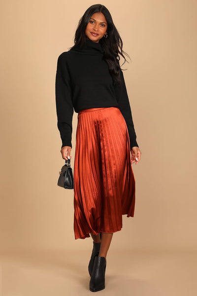 Bonnie | Rust Brown Satin Midi Skirt
