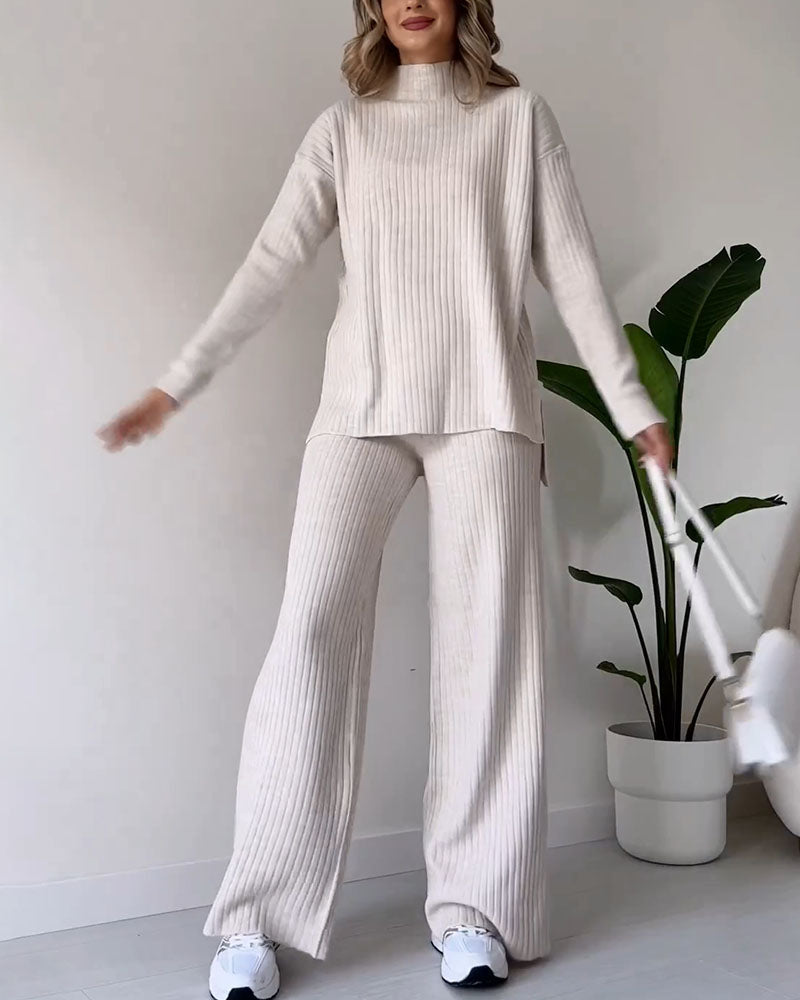 Daryelle | Women's Lounge Set Ribbed Knit with Wide-Leg Pants 4