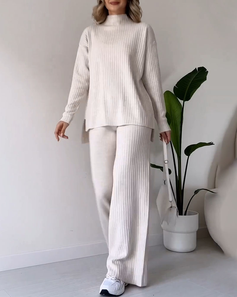 Daryelle | Women's Lounge Set Ribbed Knit with Wide-Leg Pants 5