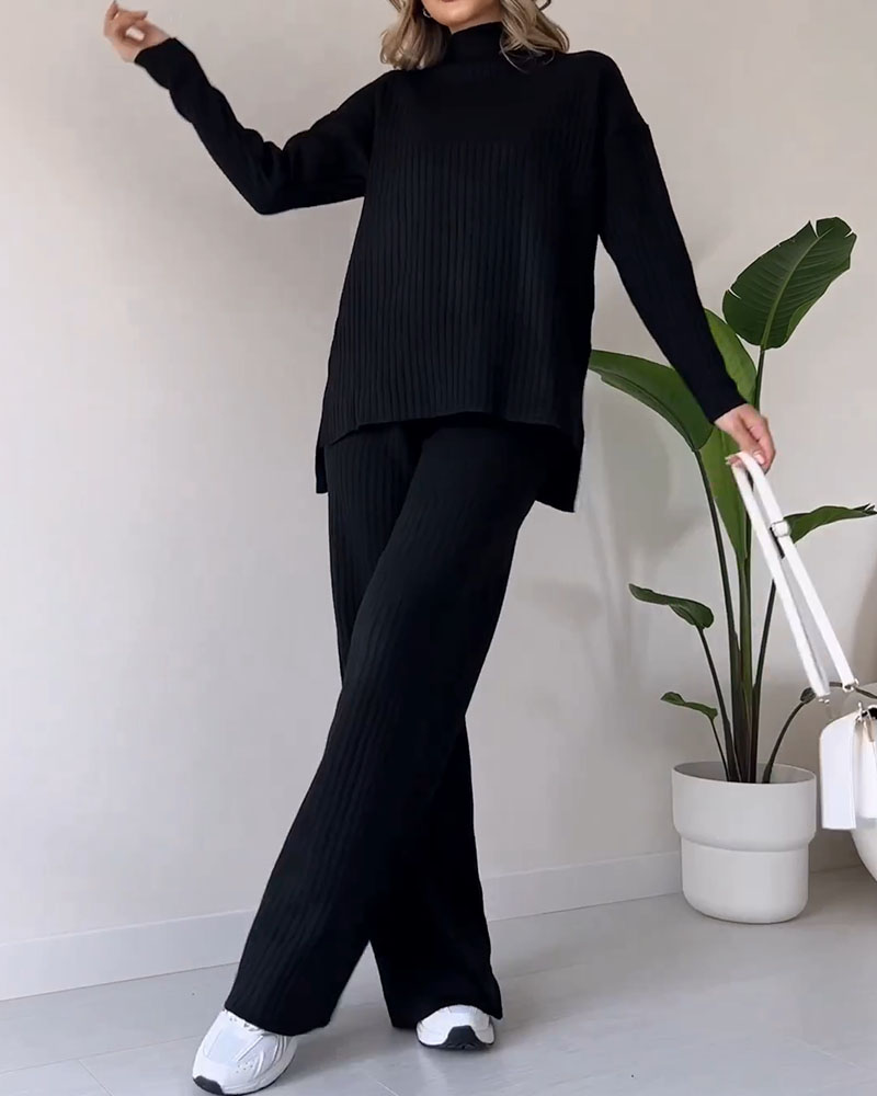 Daryelle | Women's Lounge Set Ribbed Knit with Wide-Leg Pants 6