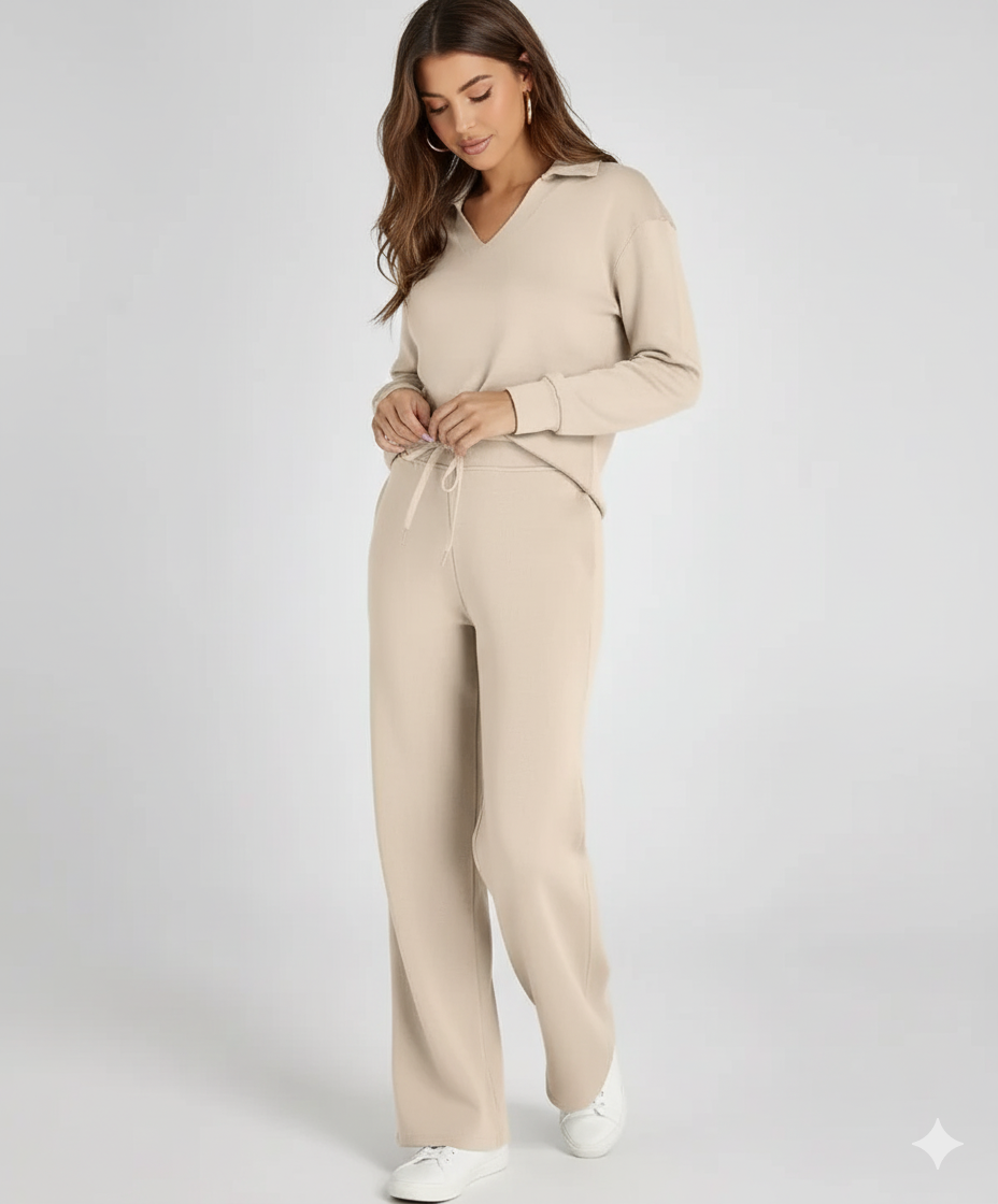 Fiona | Women's Loungewear Set V-Neck Collared Top and Drawstring Pants 1
