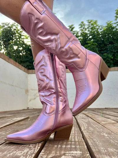 Glossy Pink Cowboy Boots for Women with Embroidery and Side Zipper, Western Style 7