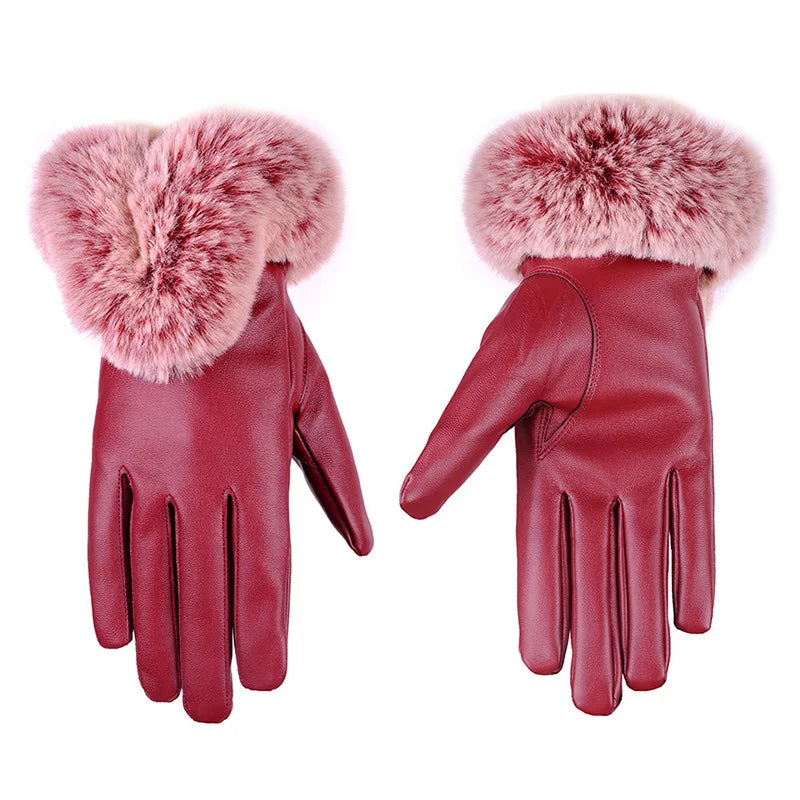 Lotte | Leather Winter Gloves with Faux Rabbit Fur Edge 7