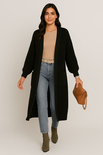 Narelle | Women's Long Chunky Knit Open-Front Cardigan with Pockets 0