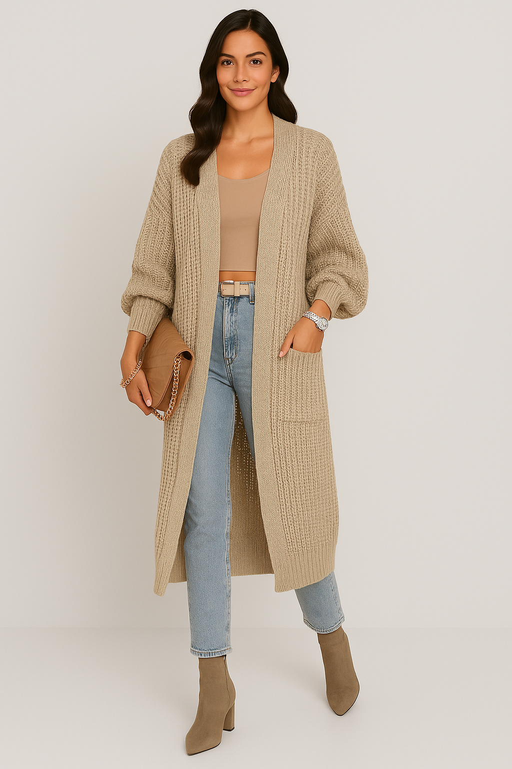 Narelle | Women's Long Chunky Knit Open-Front Cardigan with Pockets 1