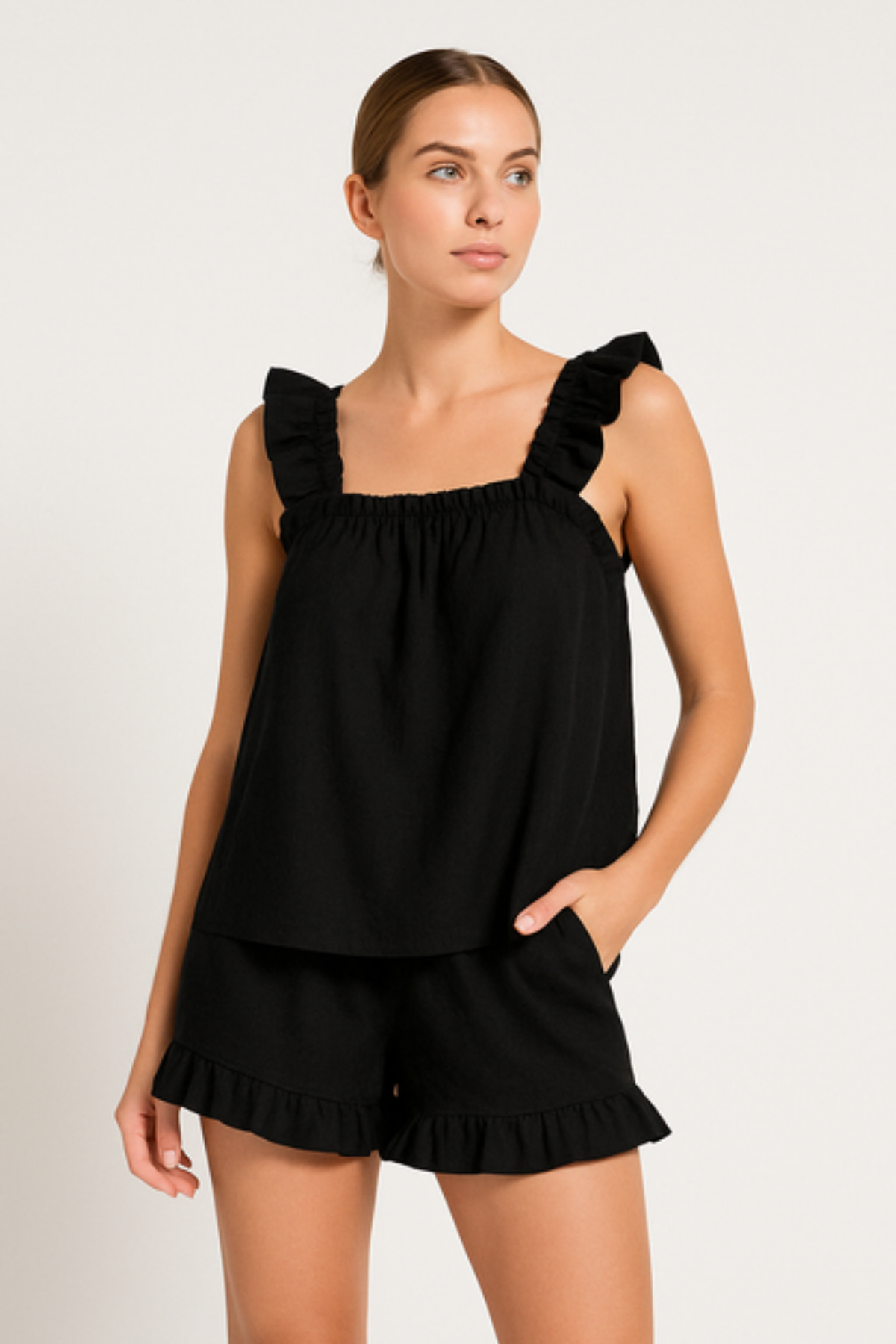 Nia | Women's Ruffle Pajama Set with Sleeveless Top and Shorts 1