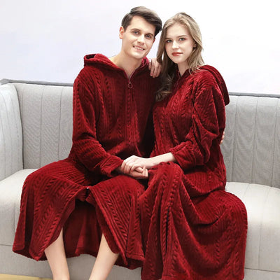 Olivia | Hooded Flannel Bathrobe with Zipper for Couples 2