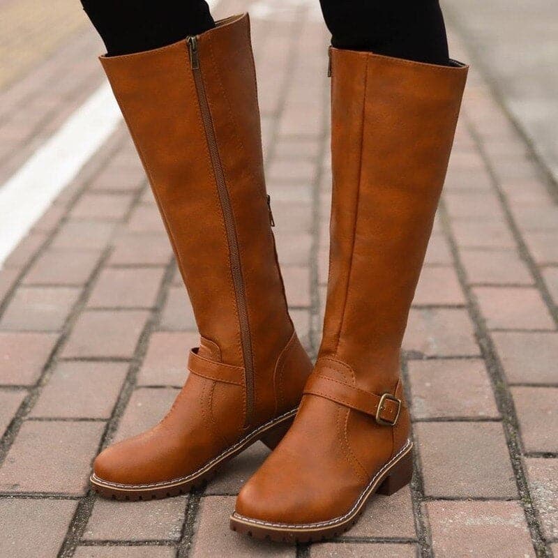 Sophia | Brown Knee High Boots Side Zip Low Block Heel 2