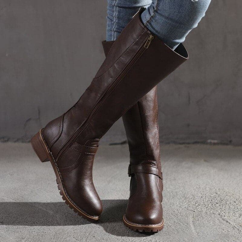 Sophia | Brown Knee High Boots Side Zip Low Block Heel 4