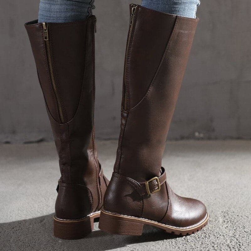 Sophia | Brown Knee High Boots Side Zip Low Block Heel 5