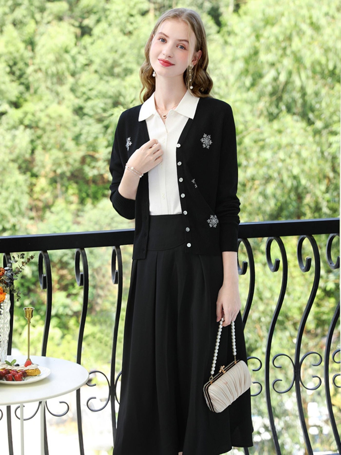 Sophia | Women's Black V-Neck Cardigan with Snowflake Accents 0