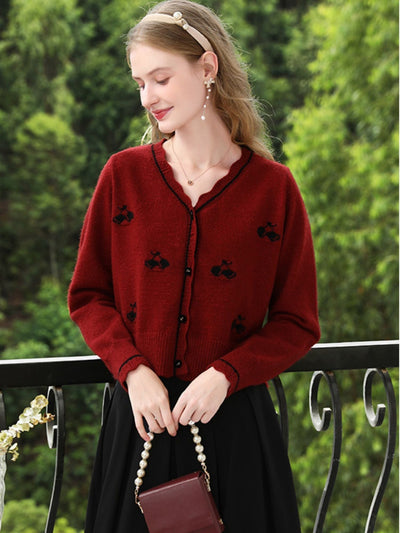 Sophia | Women's Red Knit Cardigan with Embroidery and V-Neck 0
