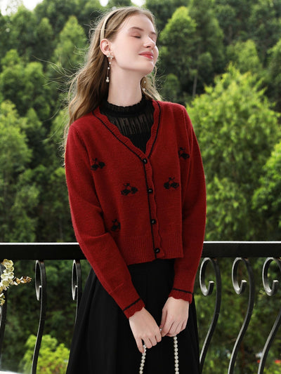 Sophia | Women's Red Knit Cardigan with Embroidery and V-Neck 2