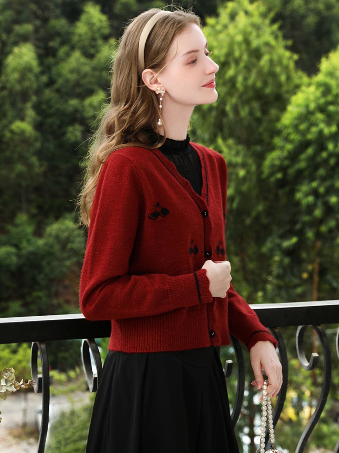 Sophia | Women's Red Knit Cardigan with Embroidery and V-Neck 6
