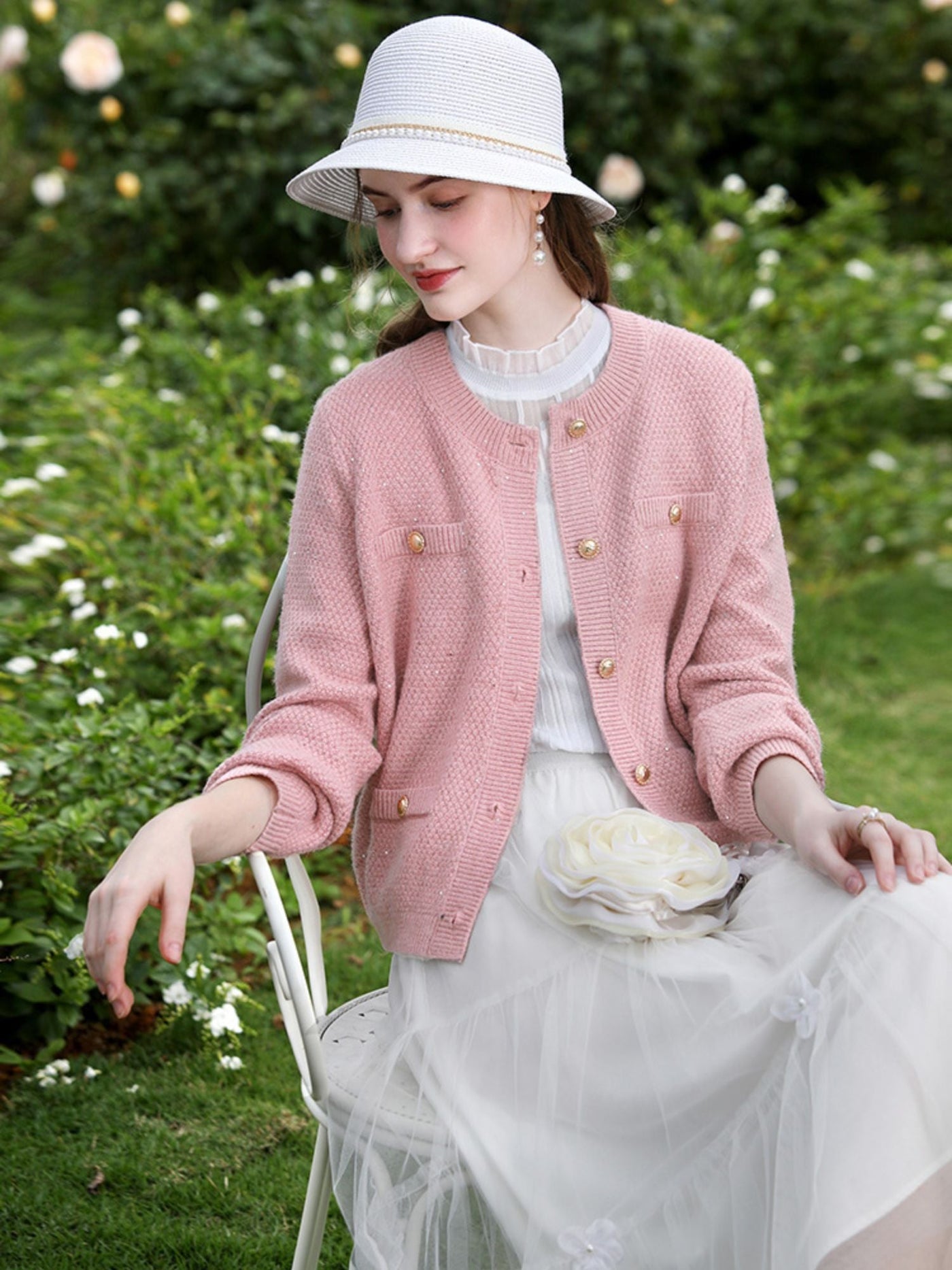 Sophia | Women's Tweed Knit Cardigan with Gold Buttons 4