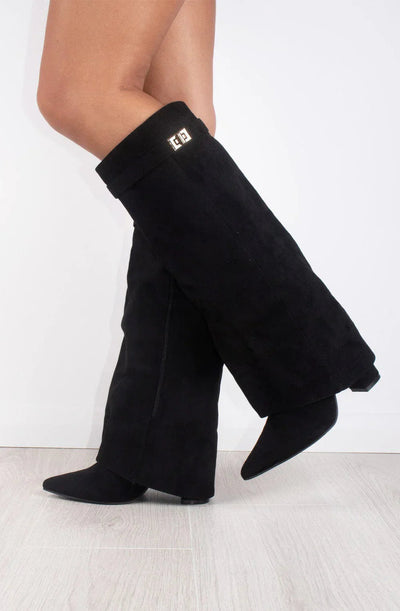 Women’s Suede Knee High Boots with Gold Buckle and Side Zipper, Comfortable Block Heel 7