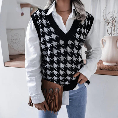 Yara | Women's Black Checked Sweater Vest With V-Neck 3