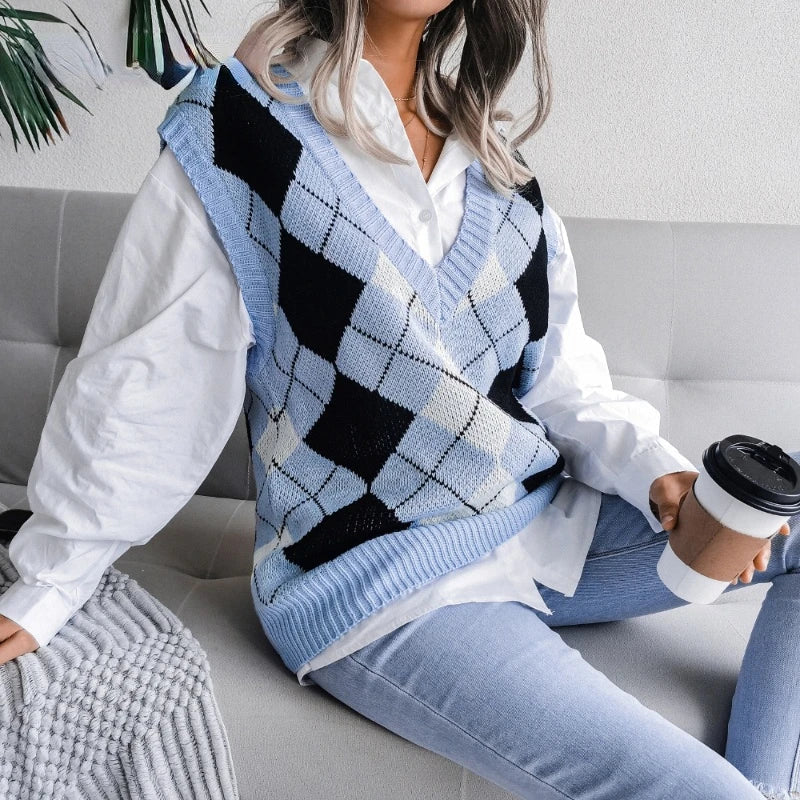 Yara | Women's Black Checked Sweater Vest With V-Neck 5