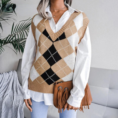 Yara | Women's Black Checked Sweater Vest With V-Neck 6