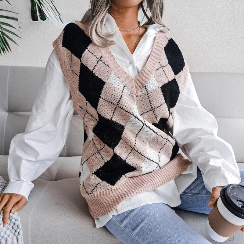 Yara | Women's Black Checked Sweater Vest With V-Neck 8